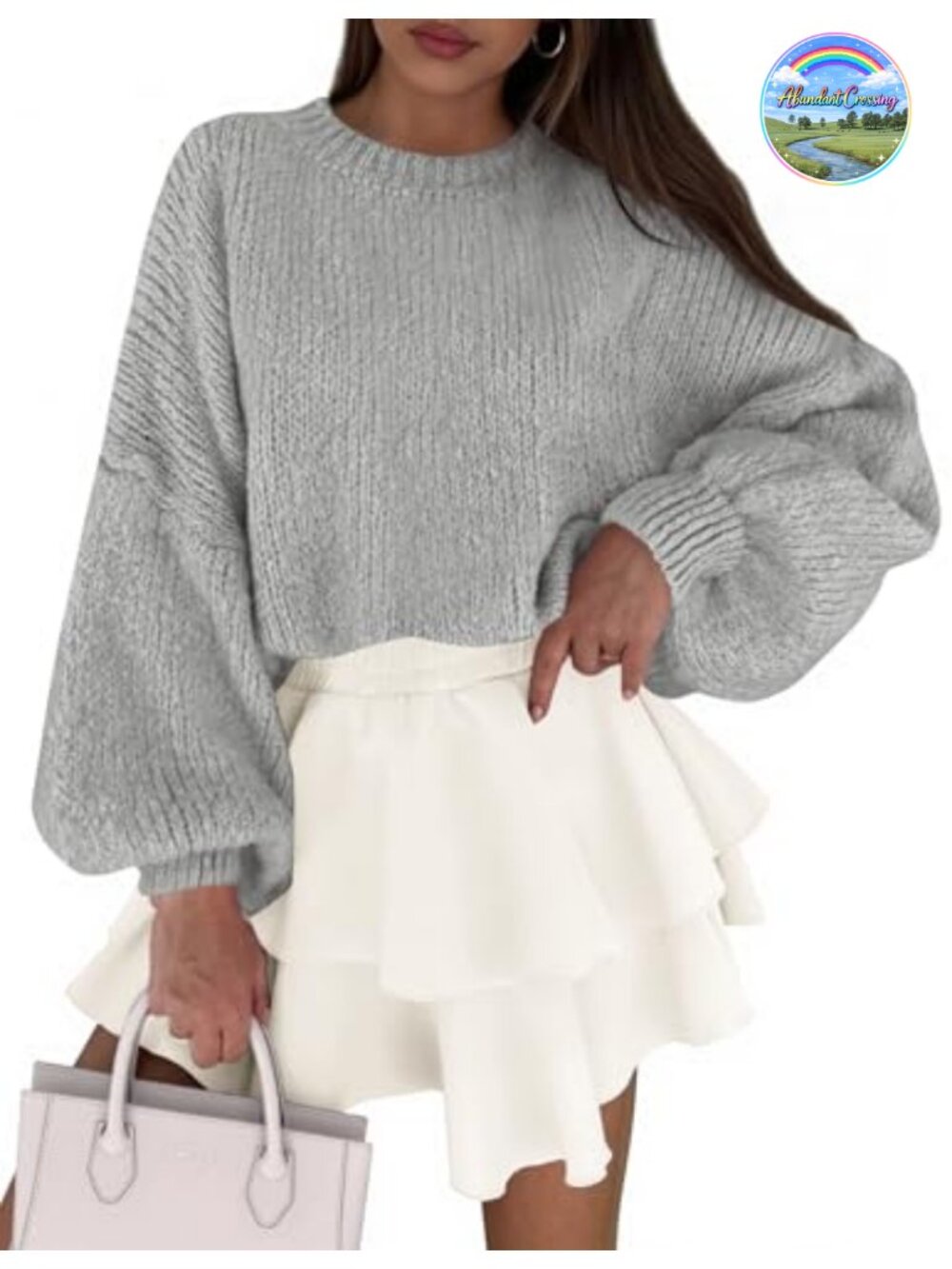 Women Chunky Oversized Knit Sweater Crewneck Lantern Sleeve